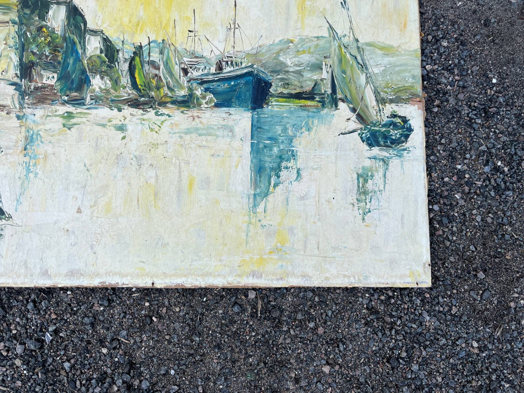 Animated view of a table with sailboats, signed.