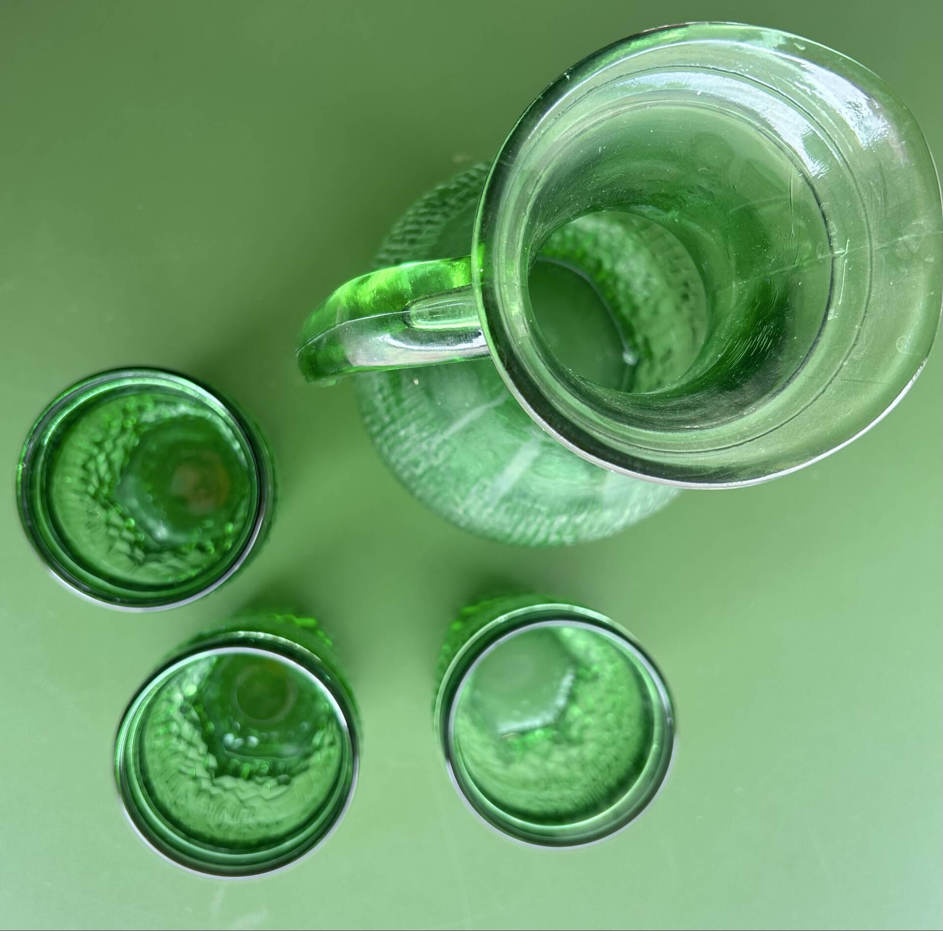 1 carafe and 3 green glasses from the '60s