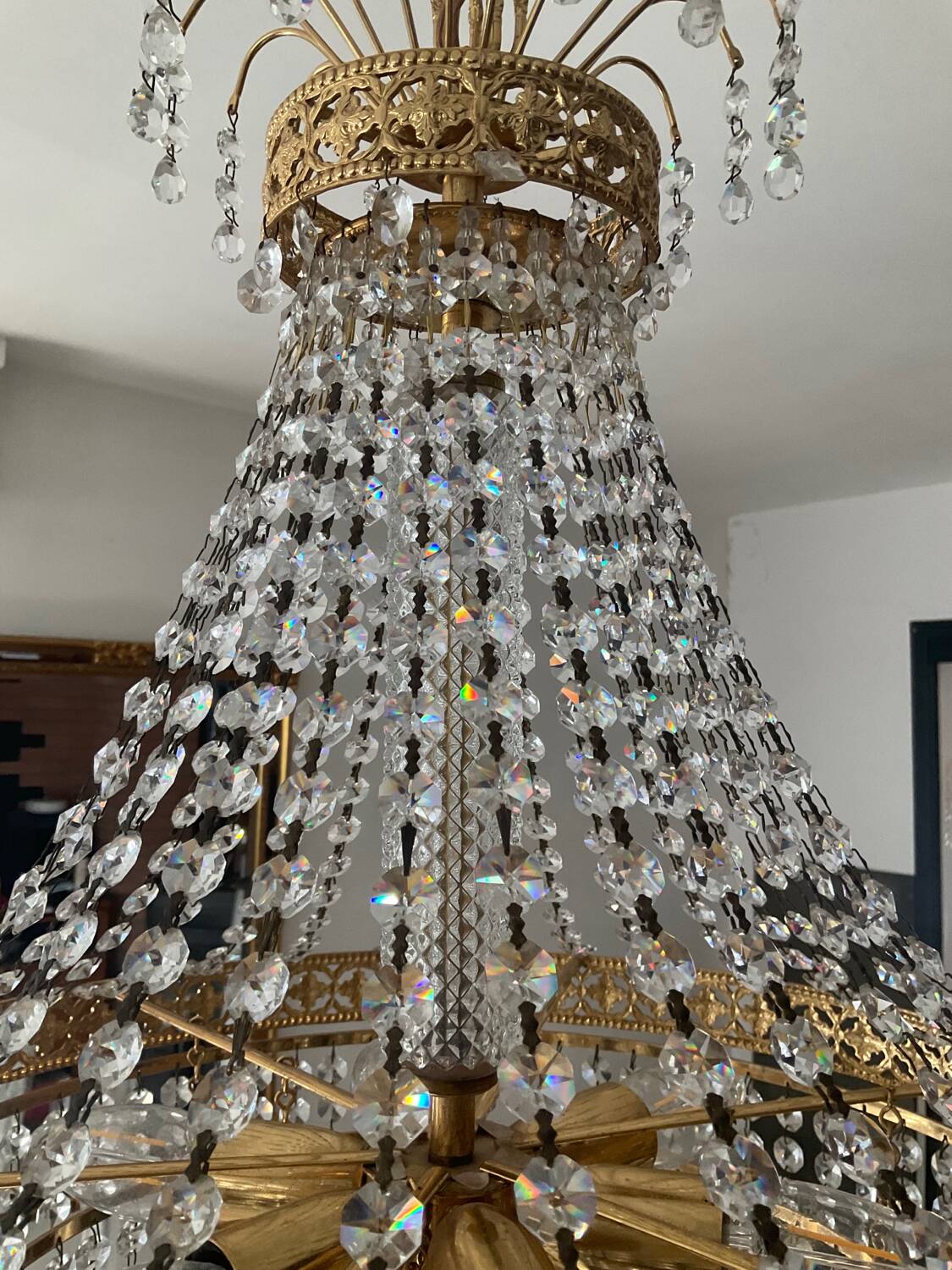 Brass hot air balloon chandelier with cascade of tassels