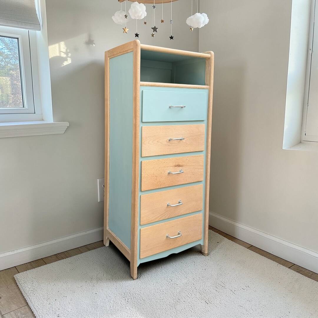 Vintage tall chest of drawers in raw wood and grey-blue from the 1950s.