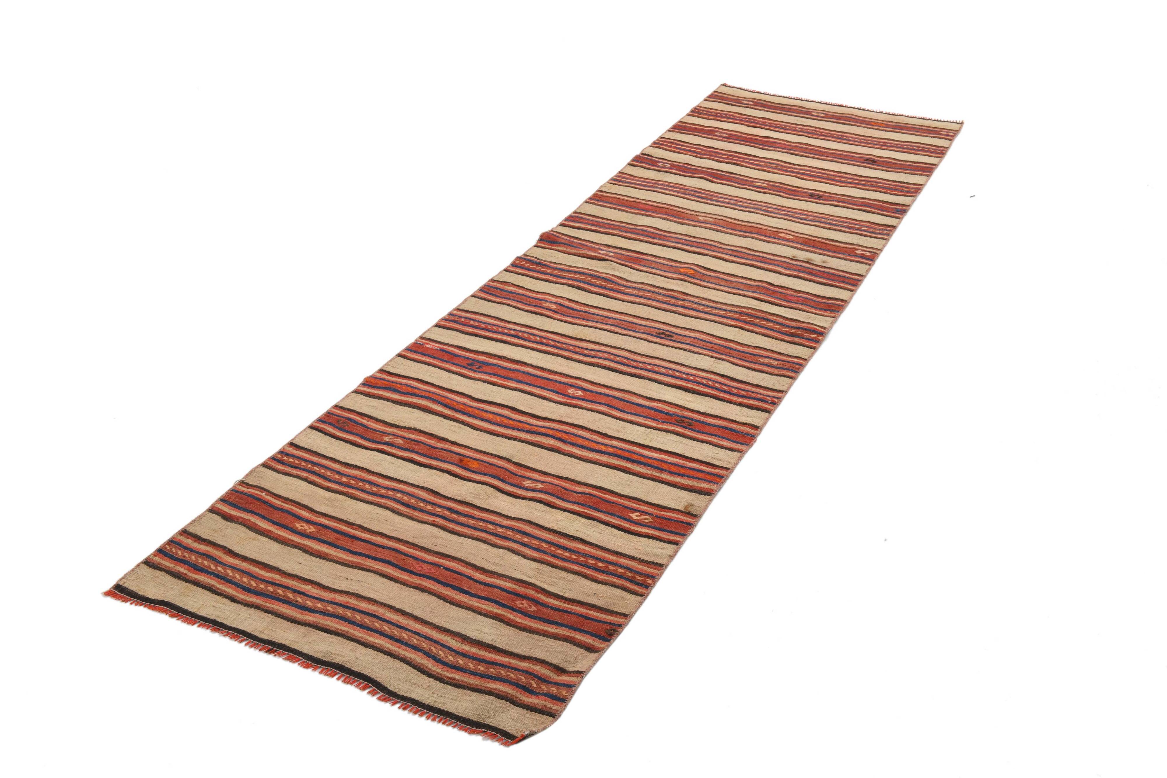 2x8 Red Striped Kilim Runner Rug, 75x254Cm