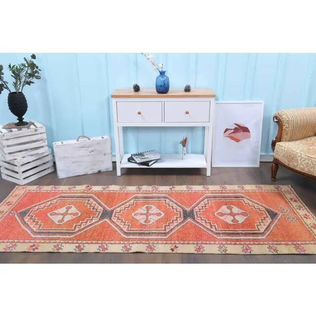 Vintage Turkish Hand-Knotted Wool Cotton Red Runner Rug 100x268
