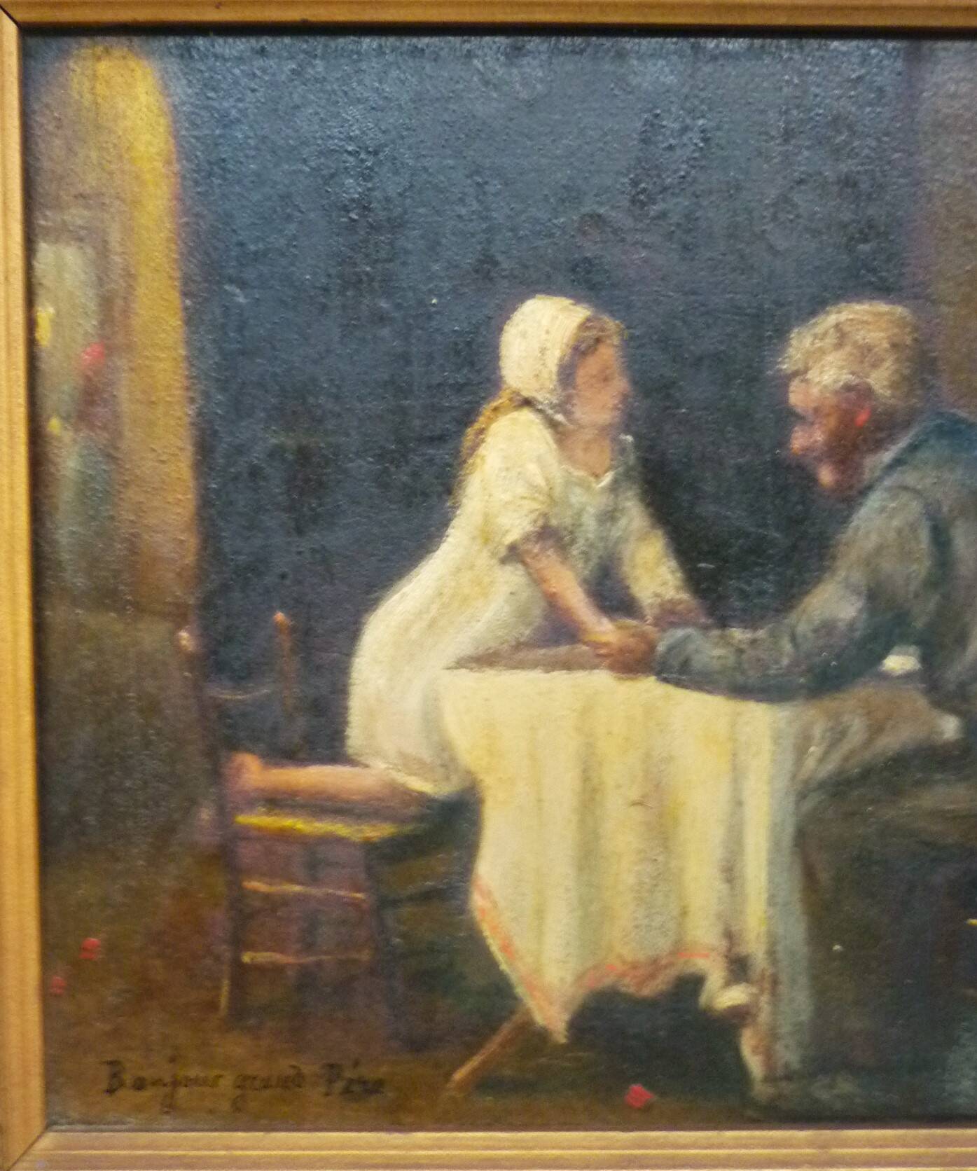 Tableau, huile sur panneau "Bonjour Grand Père", début XXème, cadre doré