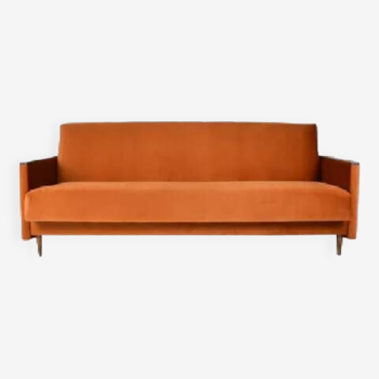 Convertible original couch, fully restored, 1960s, russet orange velvet