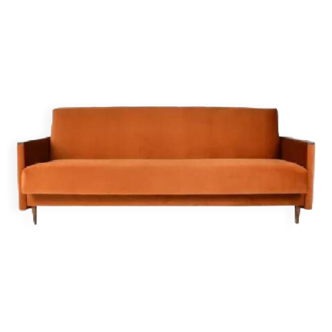 Convertible original couch, fully restored, 1960s, russet orange velvet