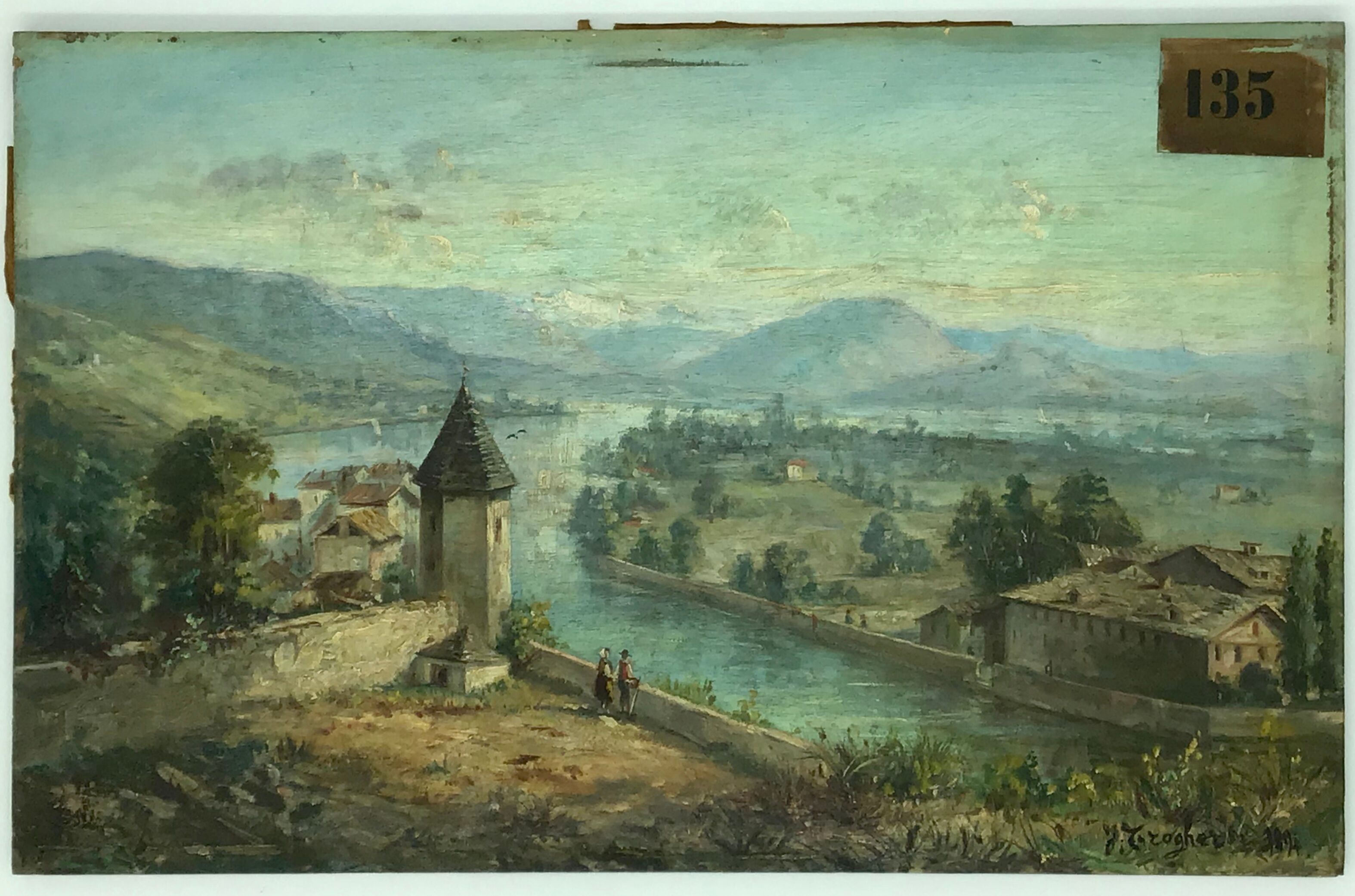 Ancient painting , Swiss landscape, signed and dated 1894