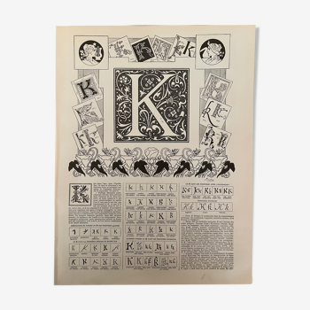 Lithographie gravure alphabet lettre K de 1897
