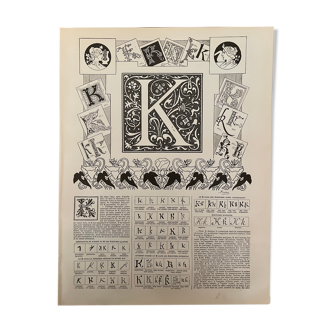 Lithograph engraving alphabet letter K from 1897