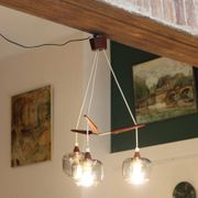 Scandinavian chandelier "Cascade" from the 1960s in brass, teak, and smoked glass.