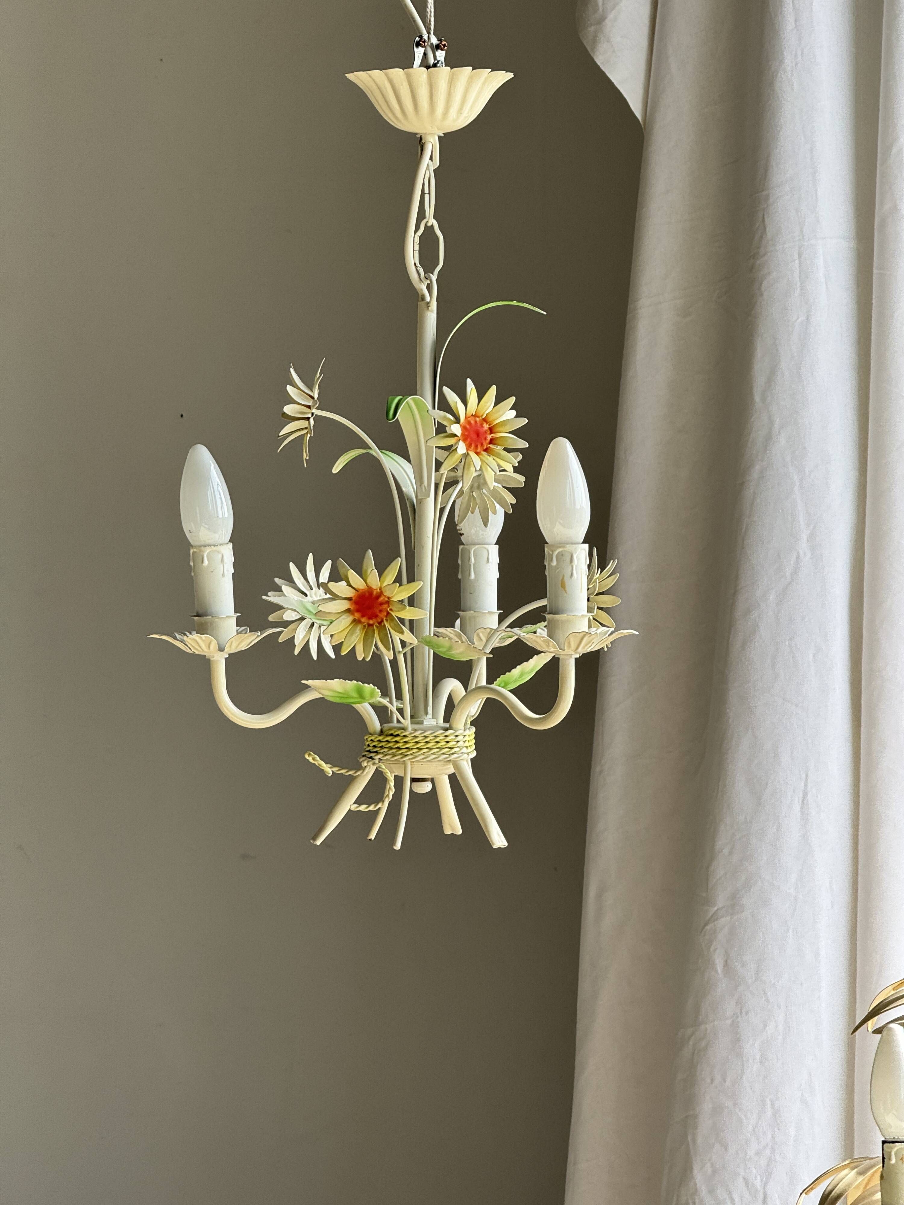 Small vintage cream metal flower chandelier with orange flowers and 3 arms.