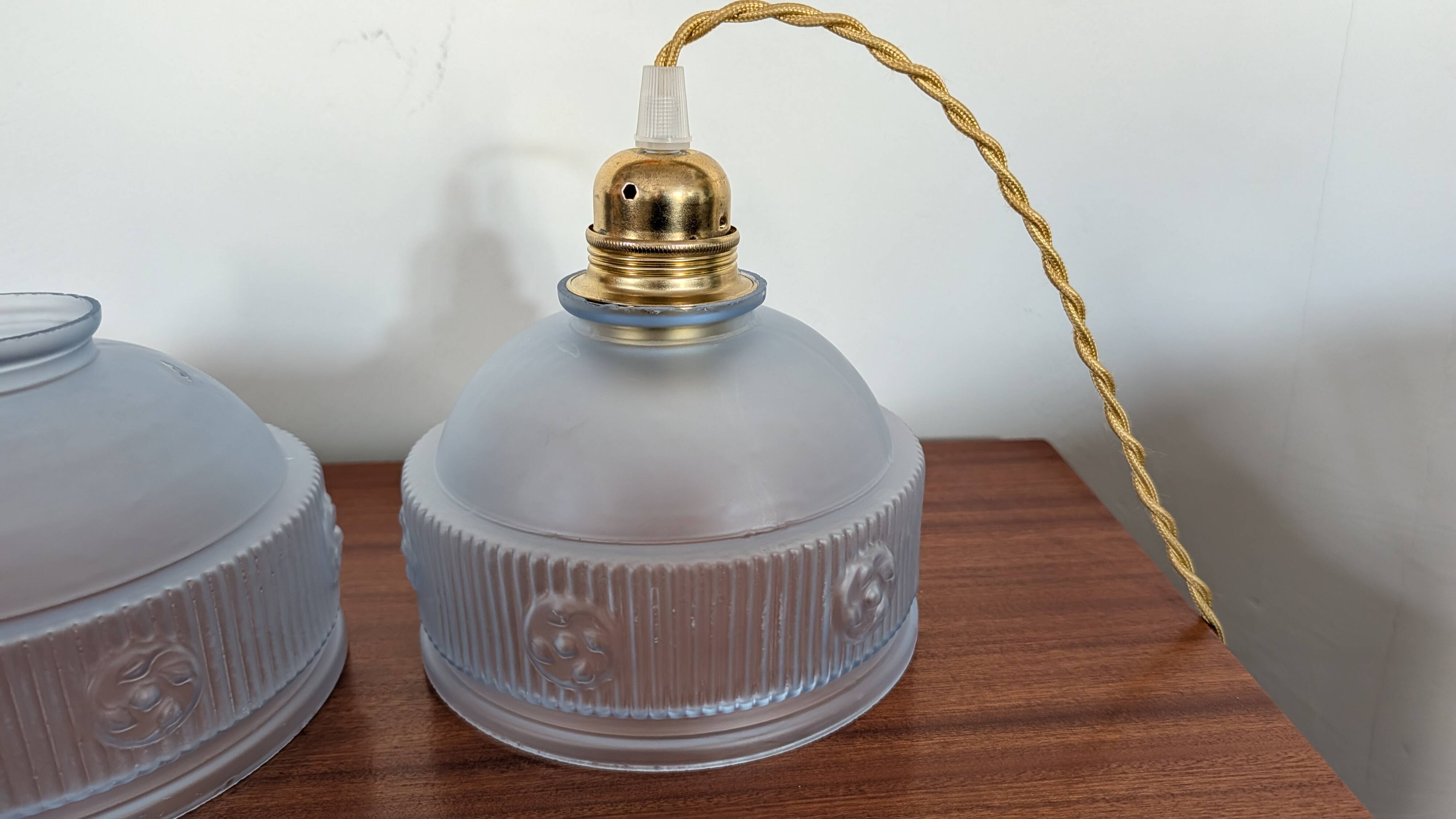 Pair of Art Deco lampshades in frosted blue glass