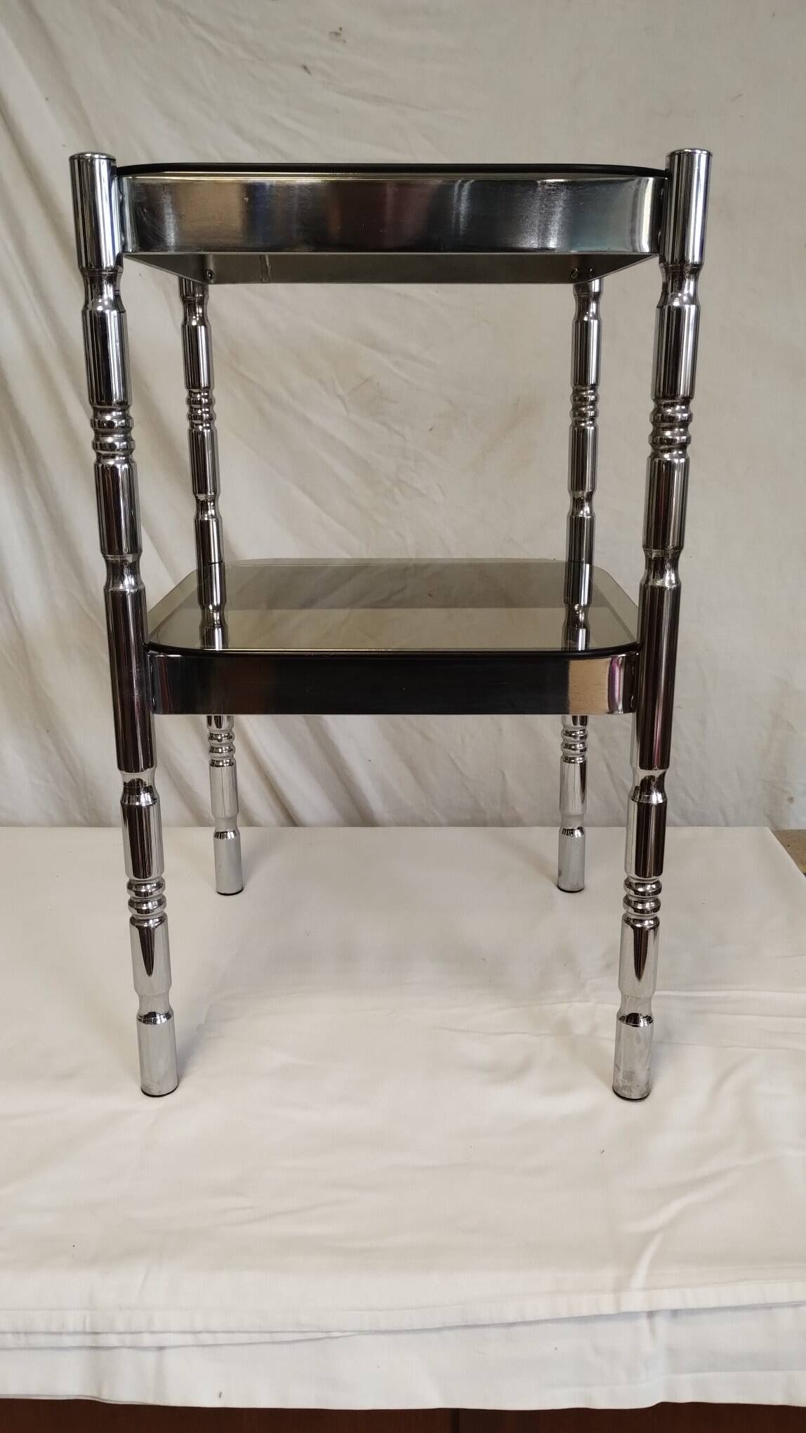 Bedside or side table in chromed steel with green smoked glass from the 70s