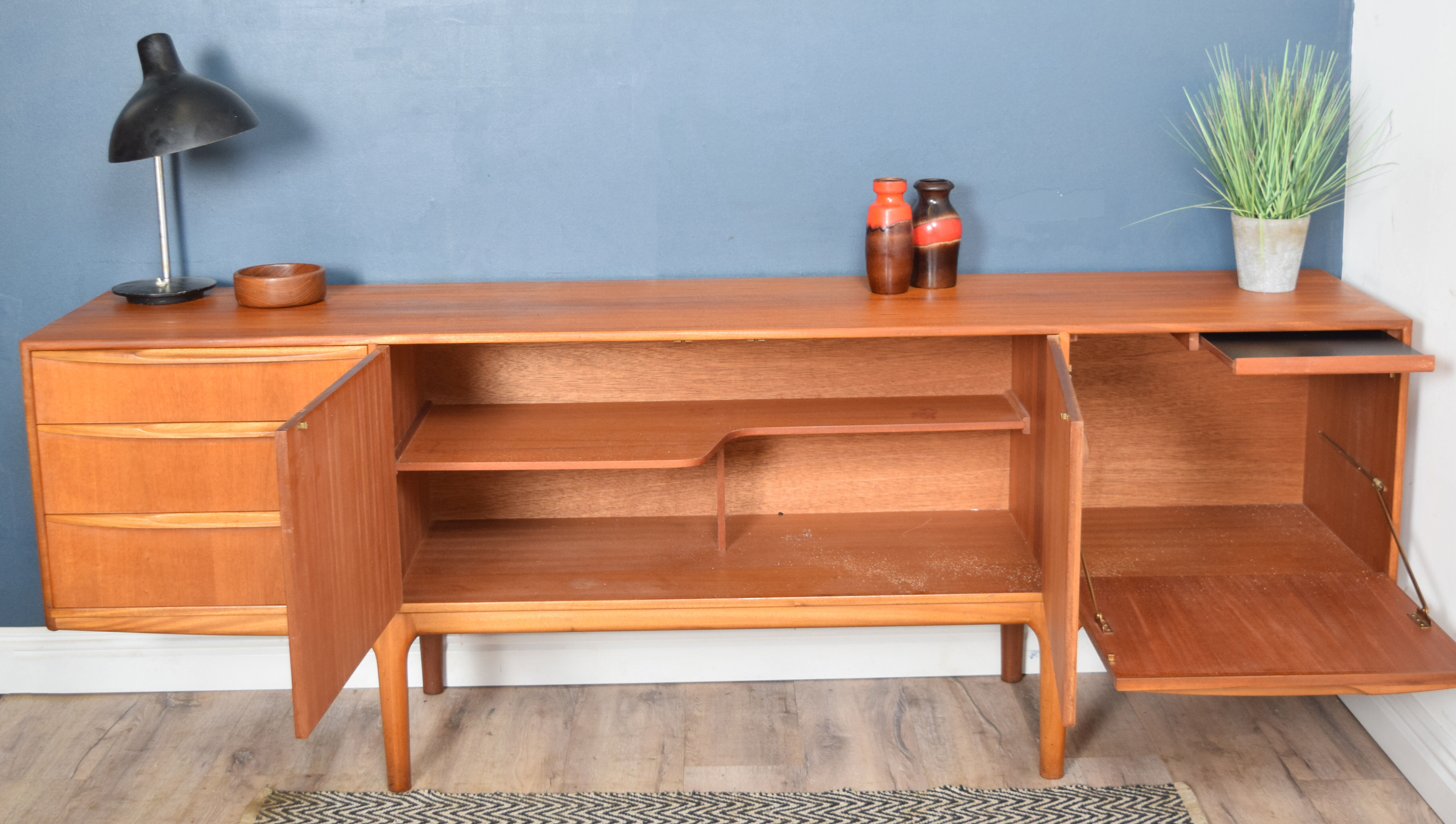 Restored Long Retro Teak 1960s Mcintosh Torpedo Teak Sideboard Cabinet