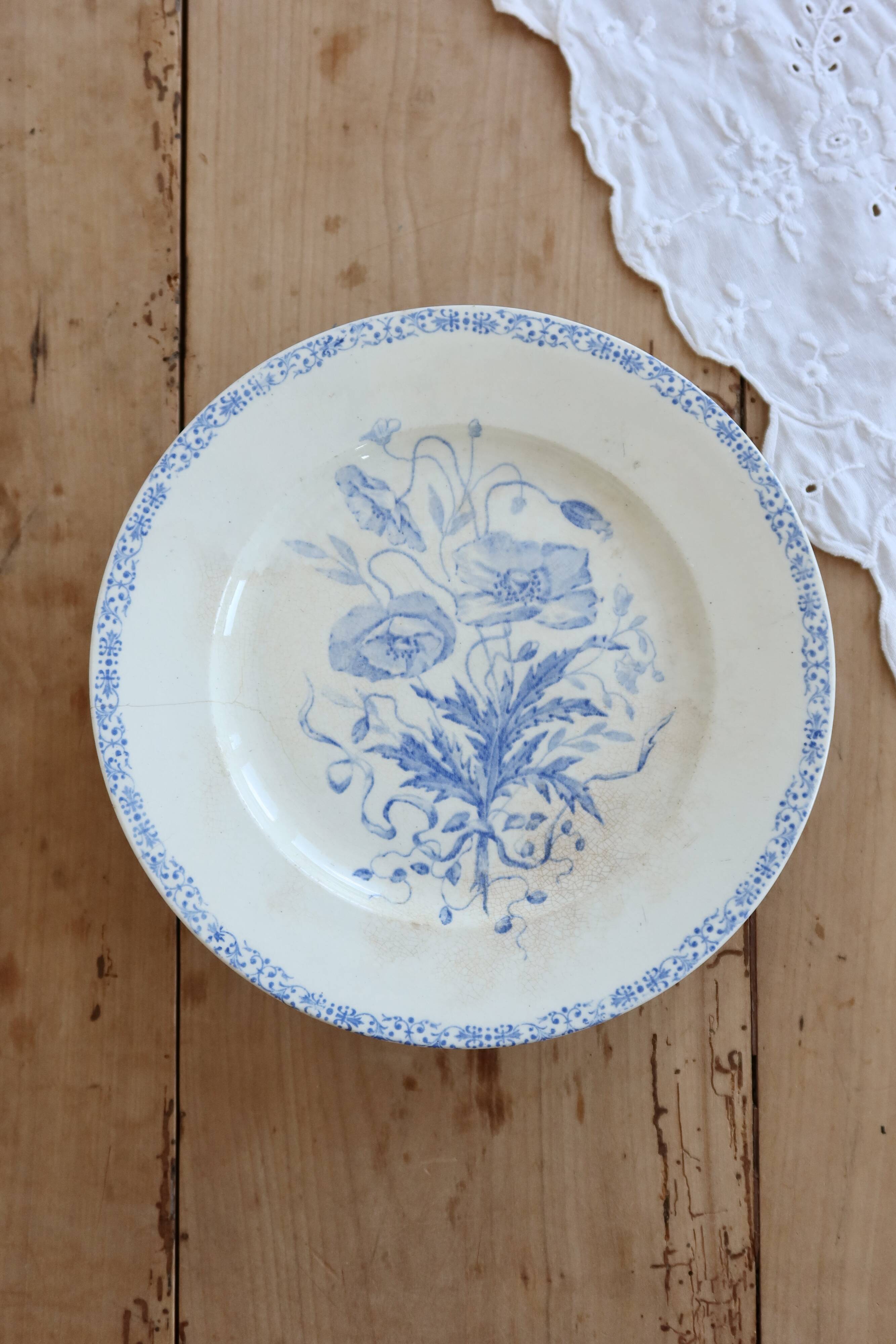 Antique compote dish, ironstone, Jules Vieillard, Bordeaux, blue poppy.