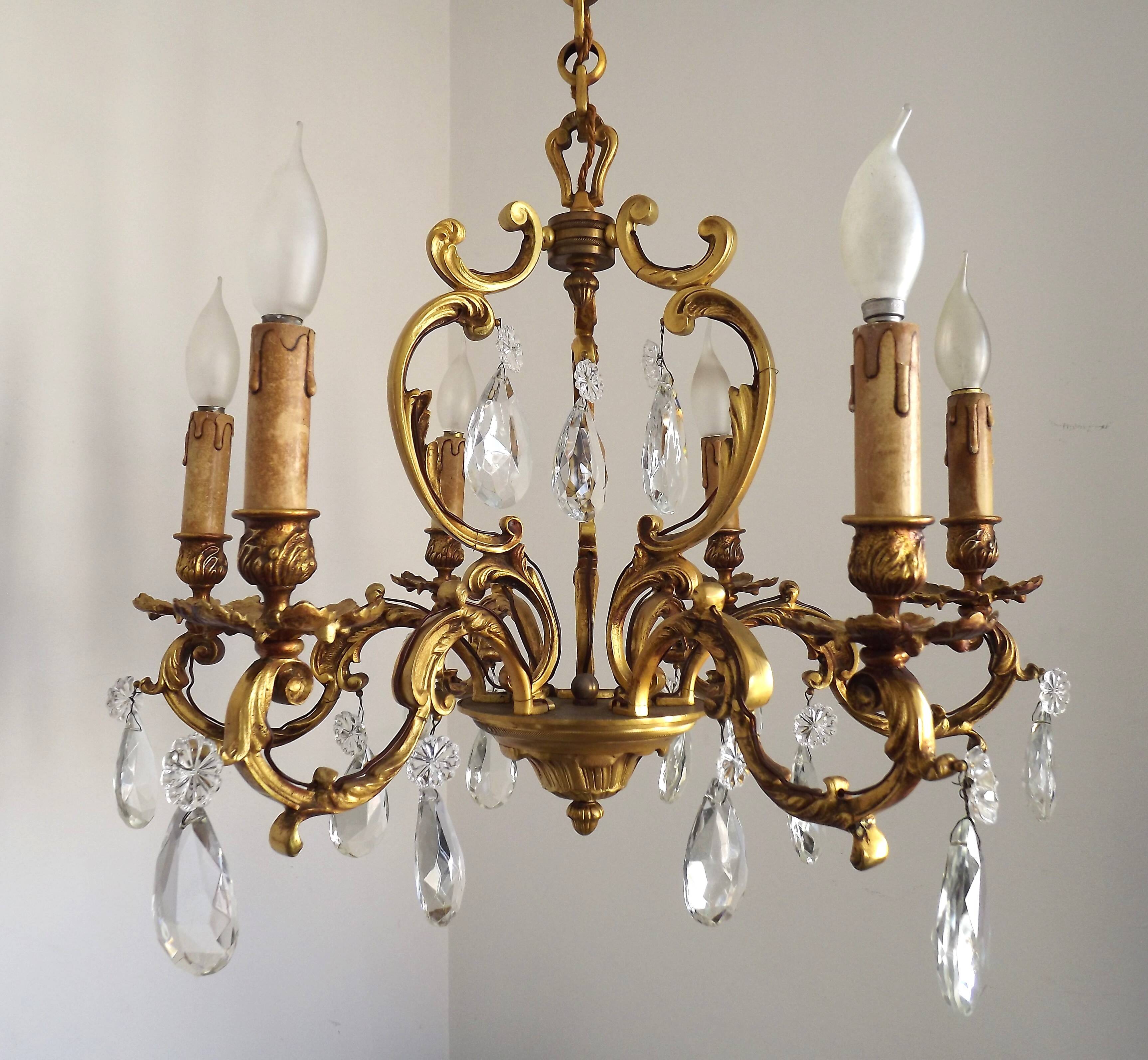 Large Heavy French Art Nouveau 6-Light Brass & Crystal Cage Chandelier
