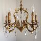 Large Heavy French Art Nouveau 6-Light Brass & Crystal Cage Chandelier