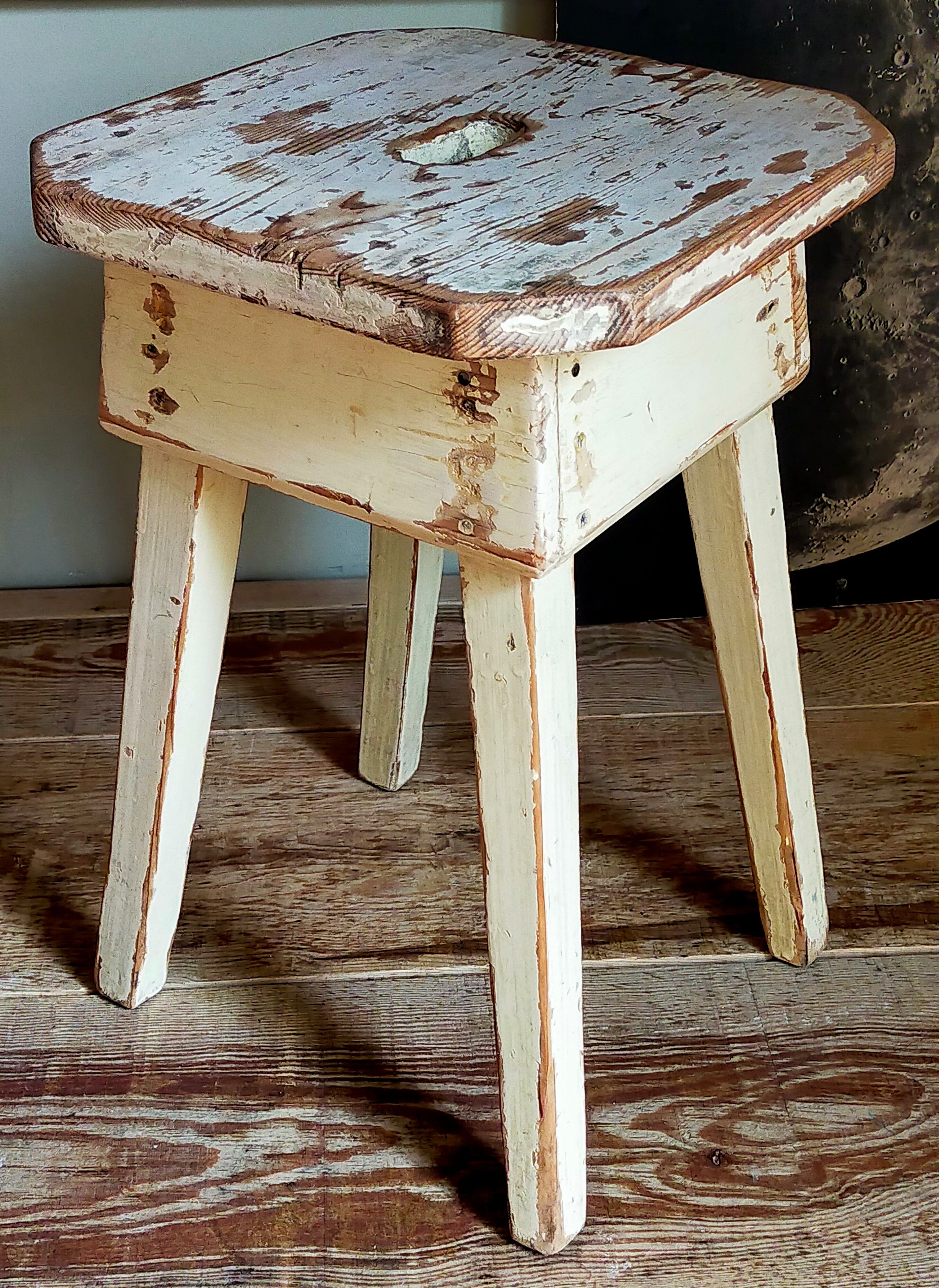 Workshop stool in antique patinated solid wood