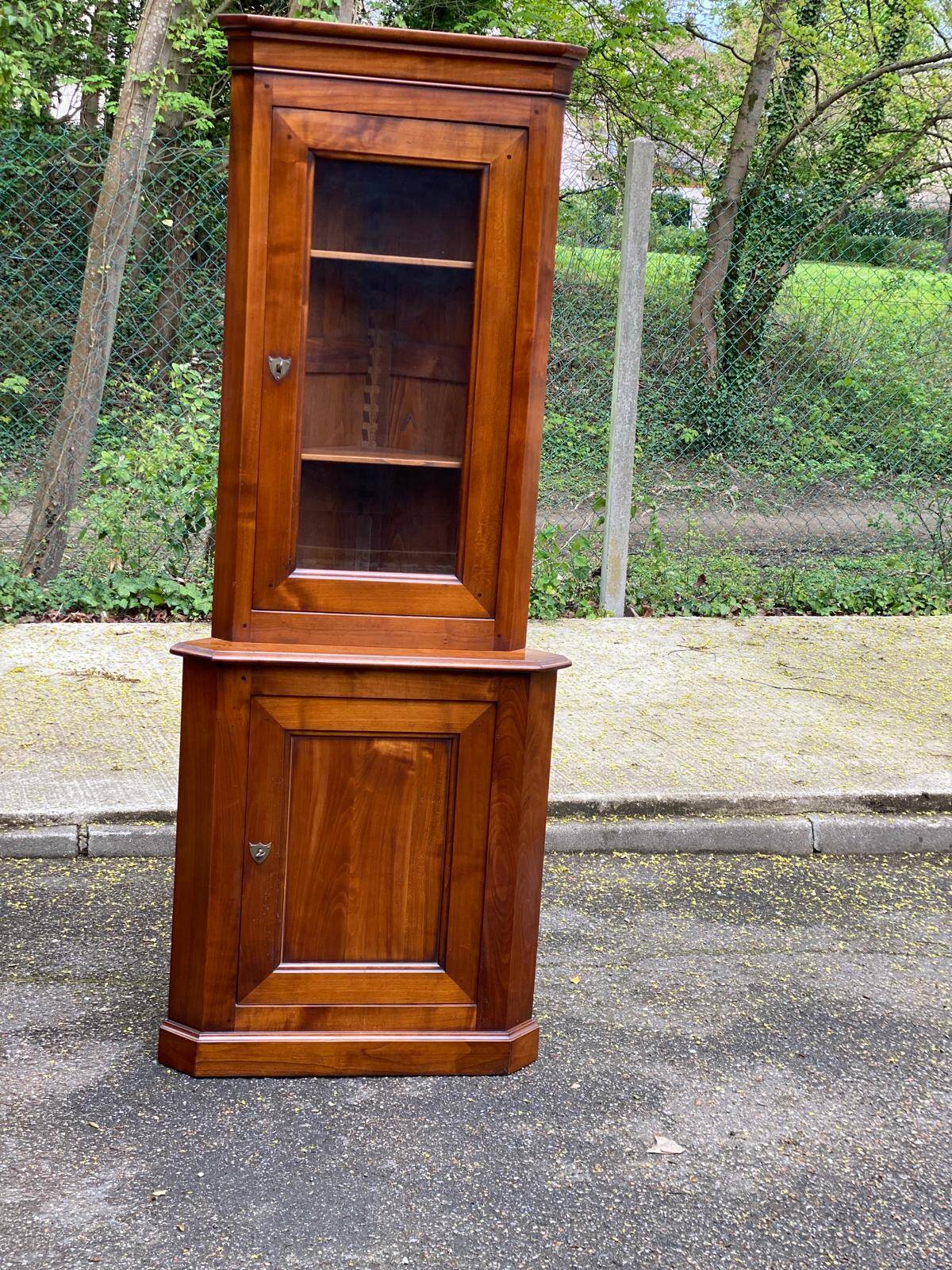 Vitrine d'angle 2 corps encoignure Louis Philippe en bois massif du 19ème