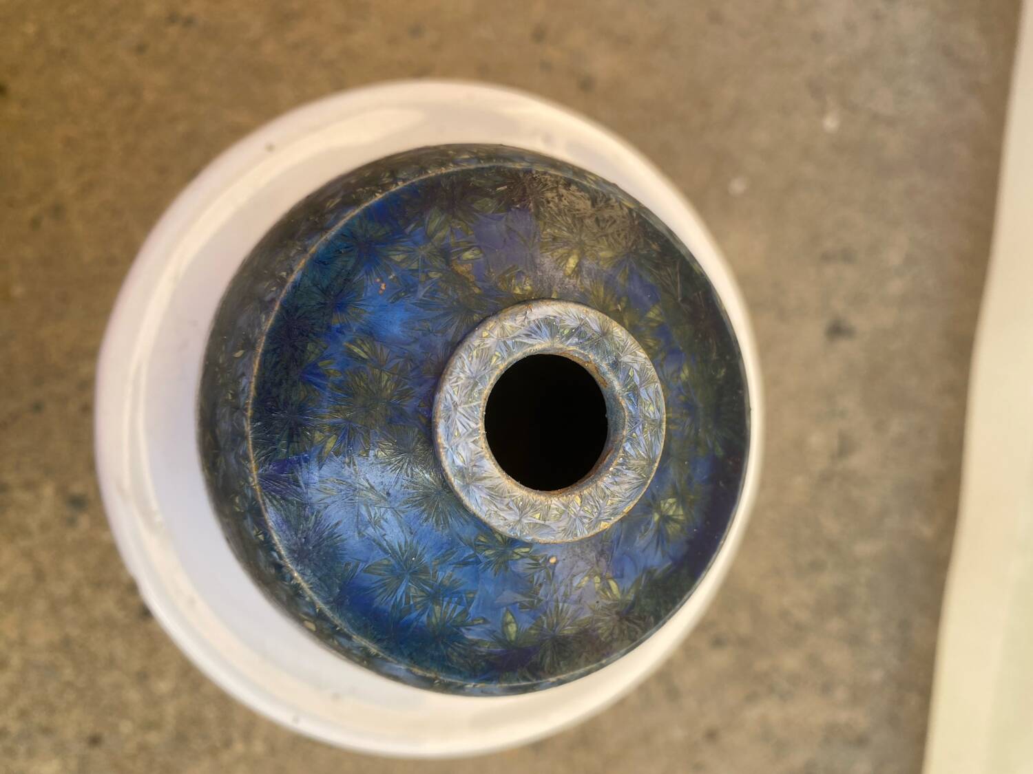 Glazed stoneware bottle with crystallised glaze signed Francoise Roussel.