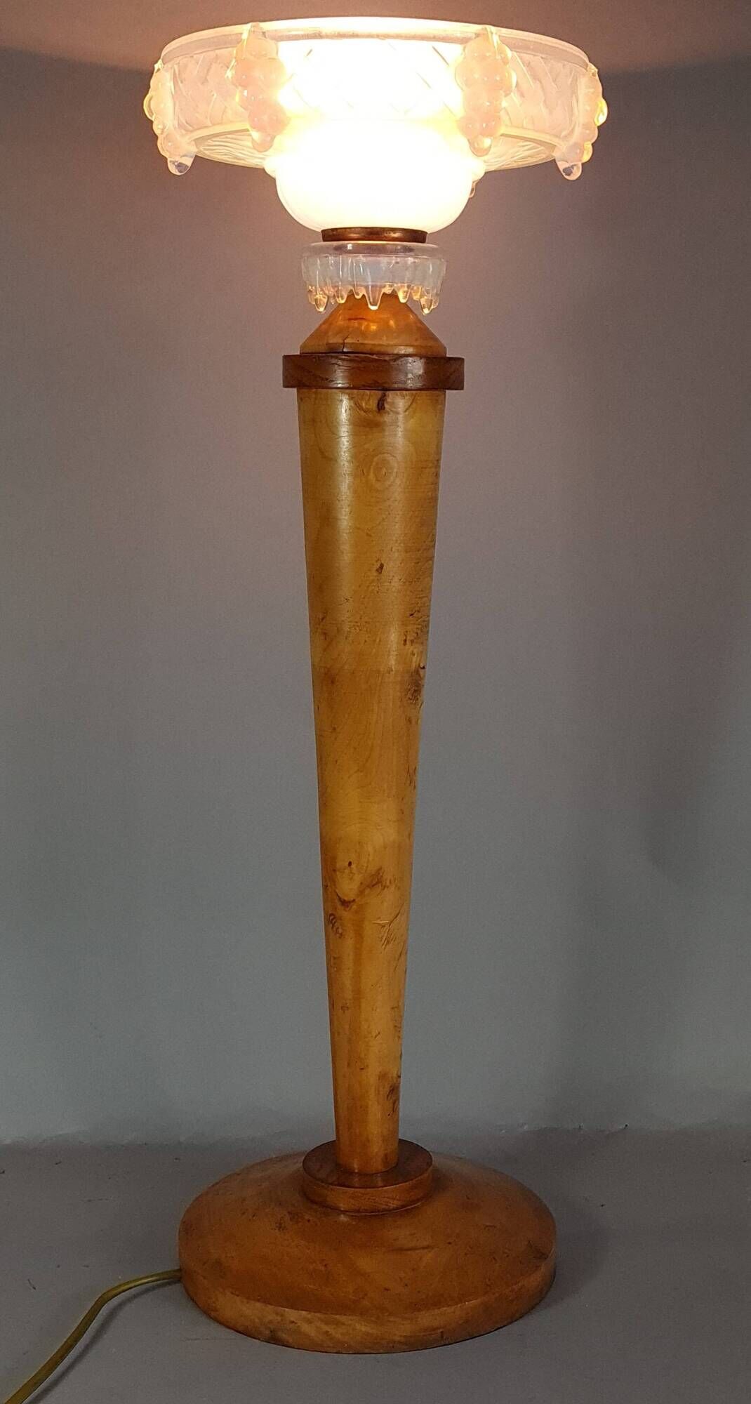 Antique opalescent glass and wood lamp, attributed to Ezan, 61 cm, C786