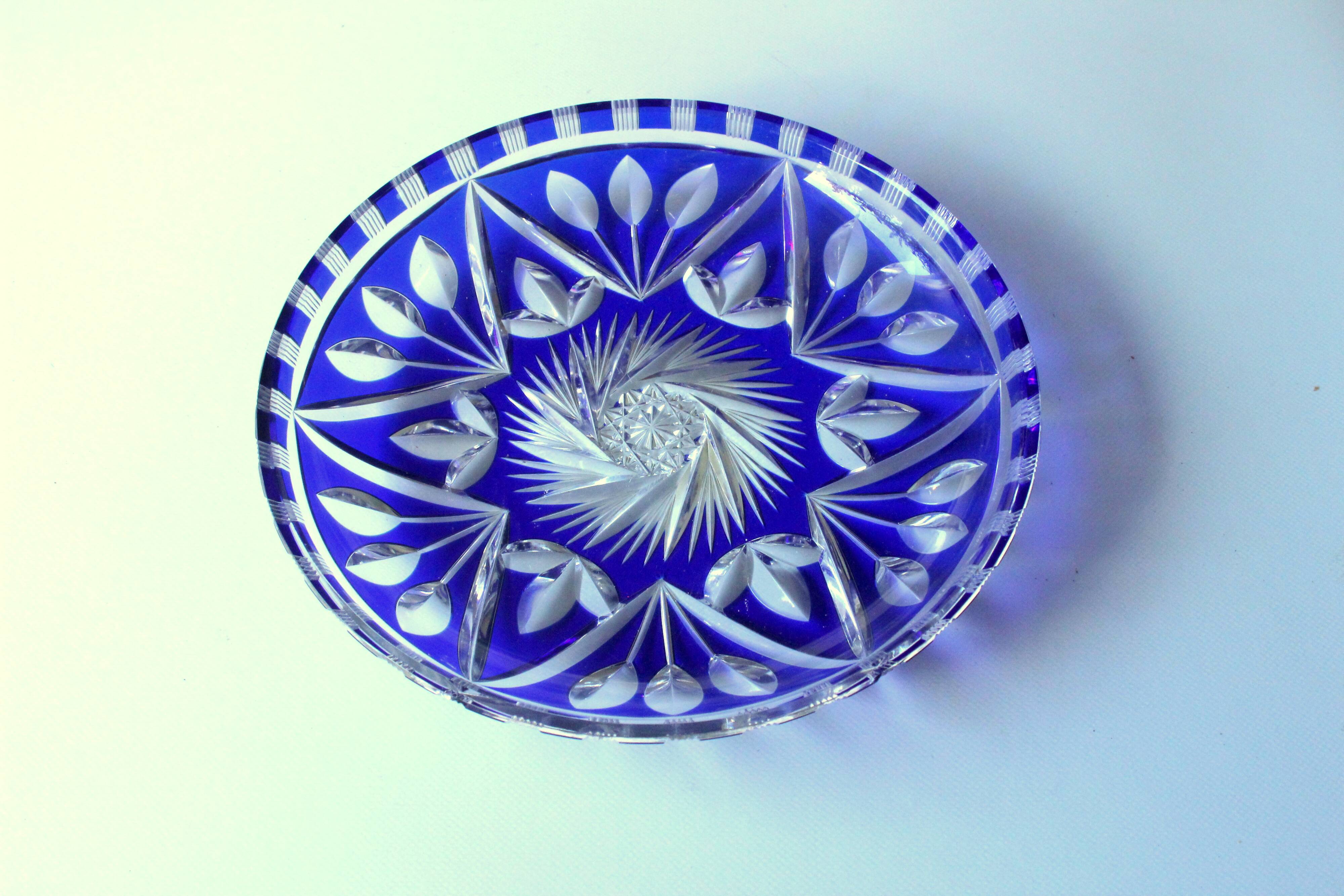 Bohemian crystal glass bowl - cobalt blue  hand cut to clear engraved glass