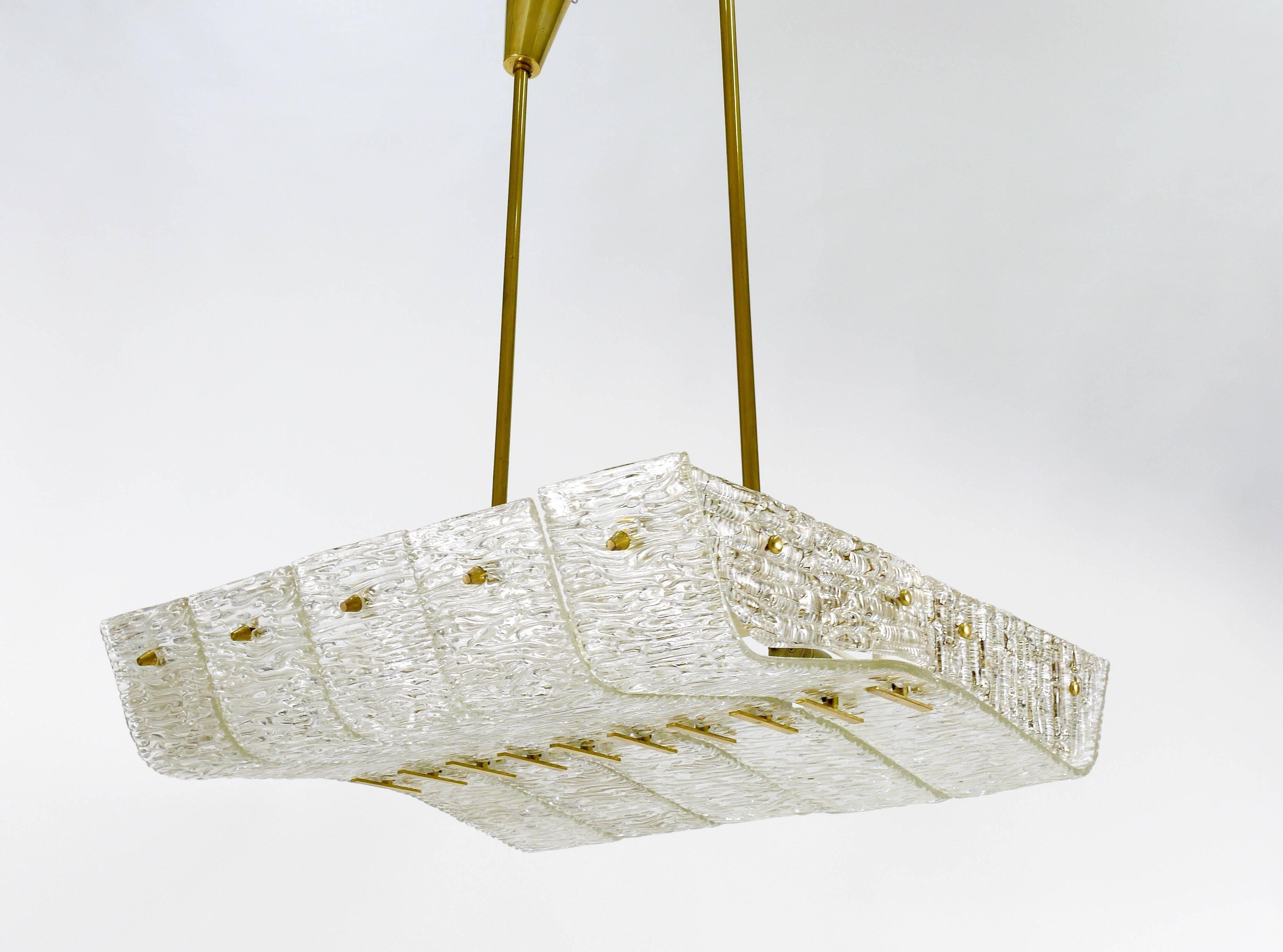 J.T. Kalmar enormous brass and textured glass chandelier, Austria, 1950s