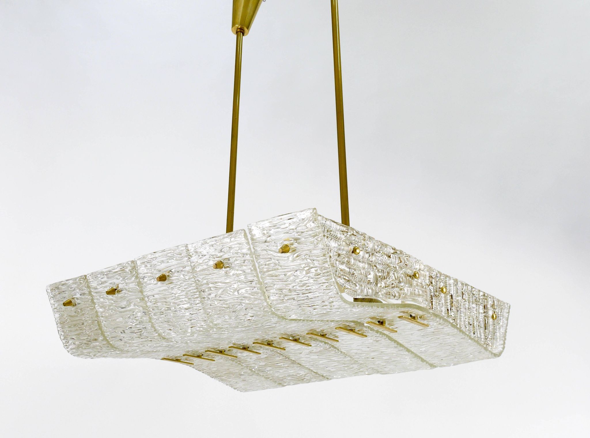 J.T. Kalmar enormous brass and textured glass chandelier, Austria, 1950s