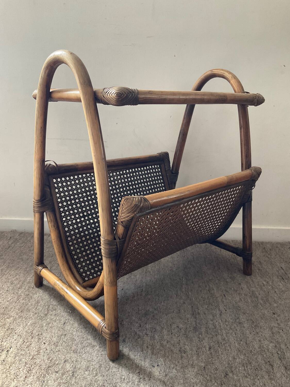 Vintage rattan side table with magazine holder