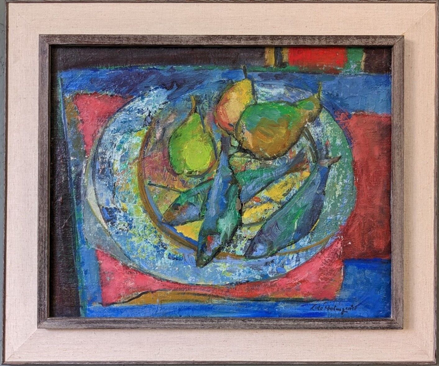 Mid-Century Modern Swedish "Fish & Fruit" Vintage Still Life Oil Painting, Framed