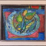 Mid-Century Modern Swedish "Fish & Fruit" Vintage Still Life Oil Painting, Framed