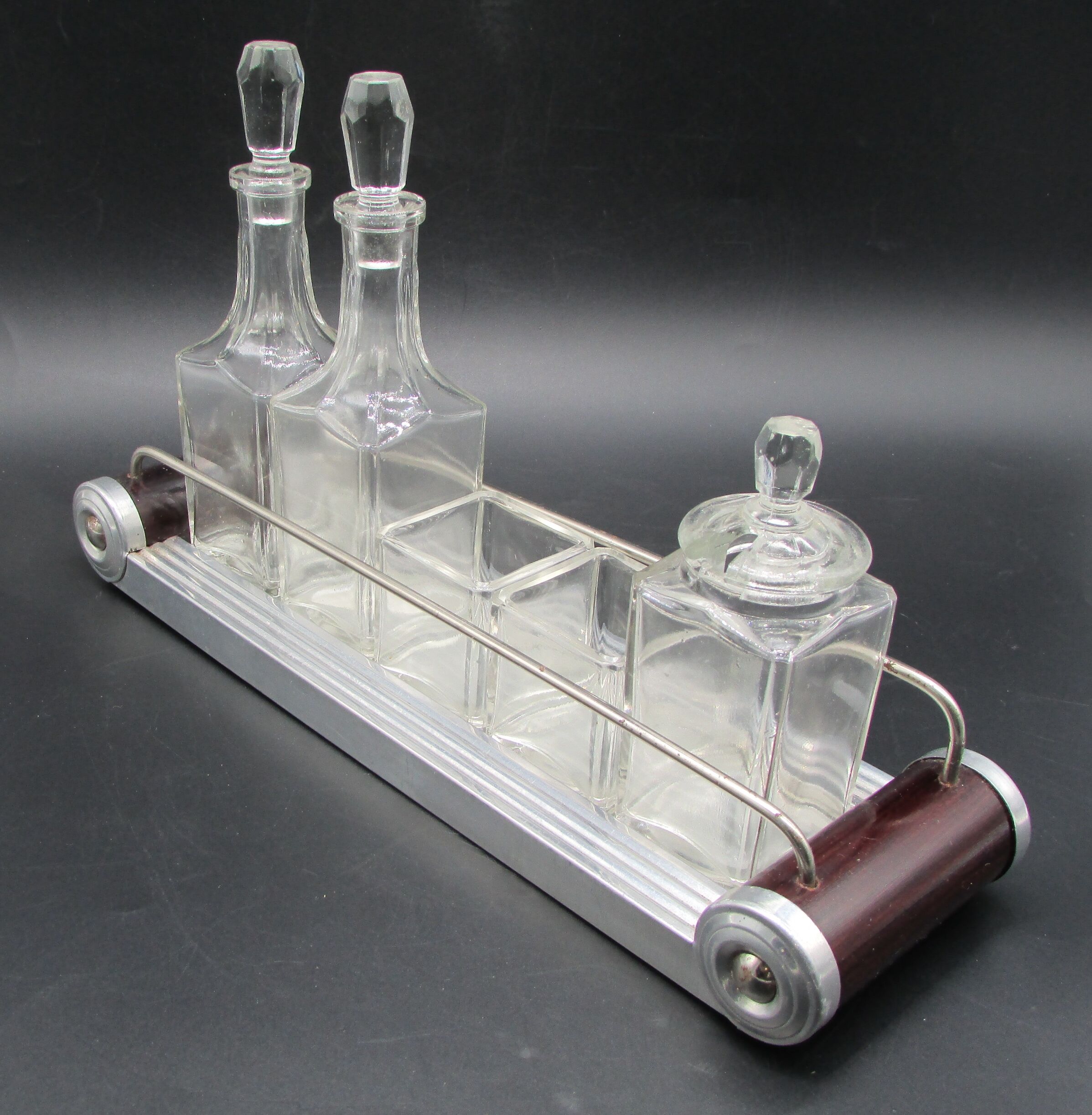 service to art-deco oiler condiments vinegar mustard pepper salt