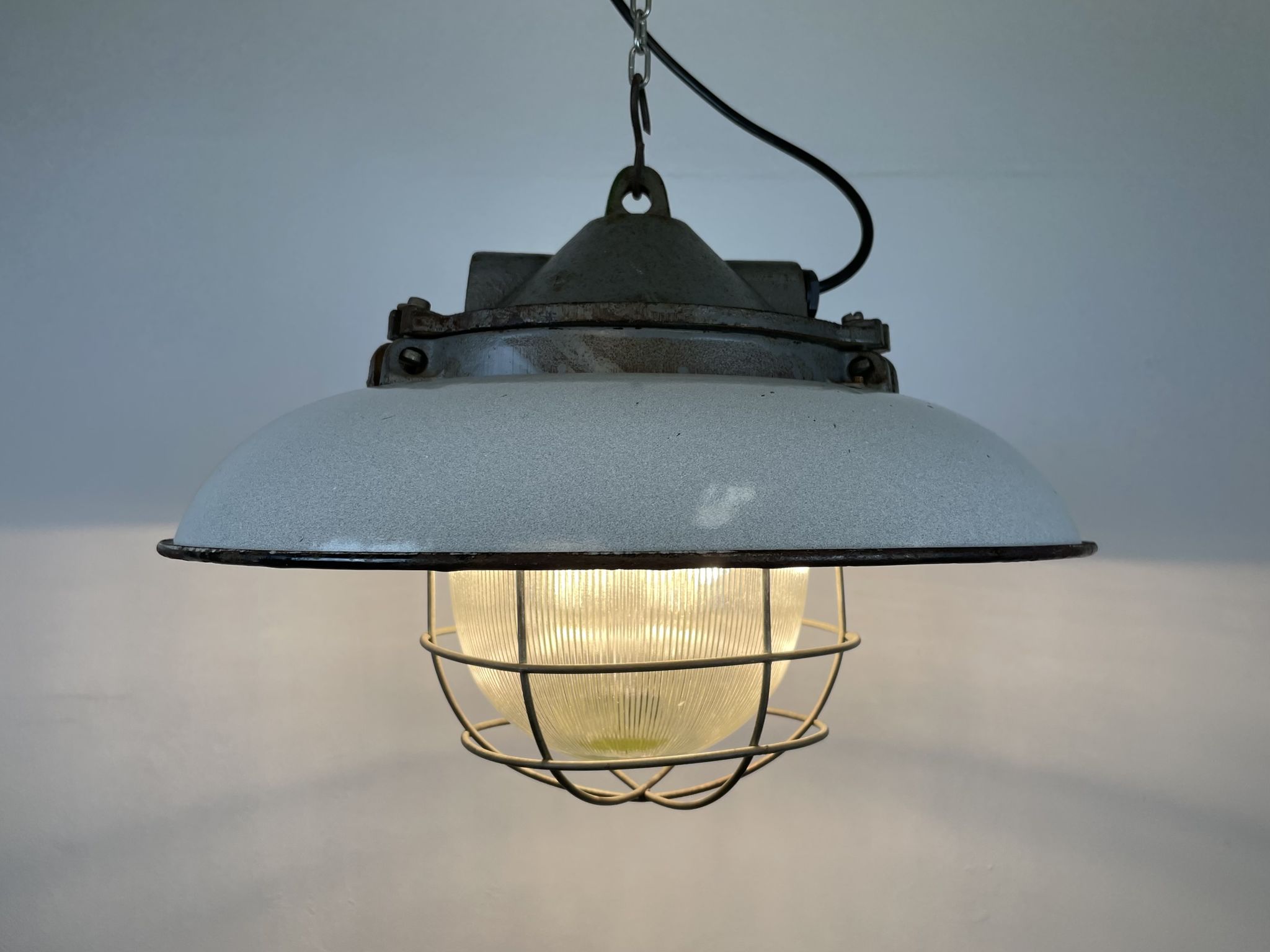 Industrial Grey Enamel Factory Cage Pendant Lamp in Cast Iron from Zaos, 1960s
