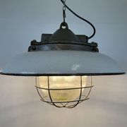 Industrial Grey Enamel Factory Cage Pendant Lamp in Cast Iron from Zaos, 1960s