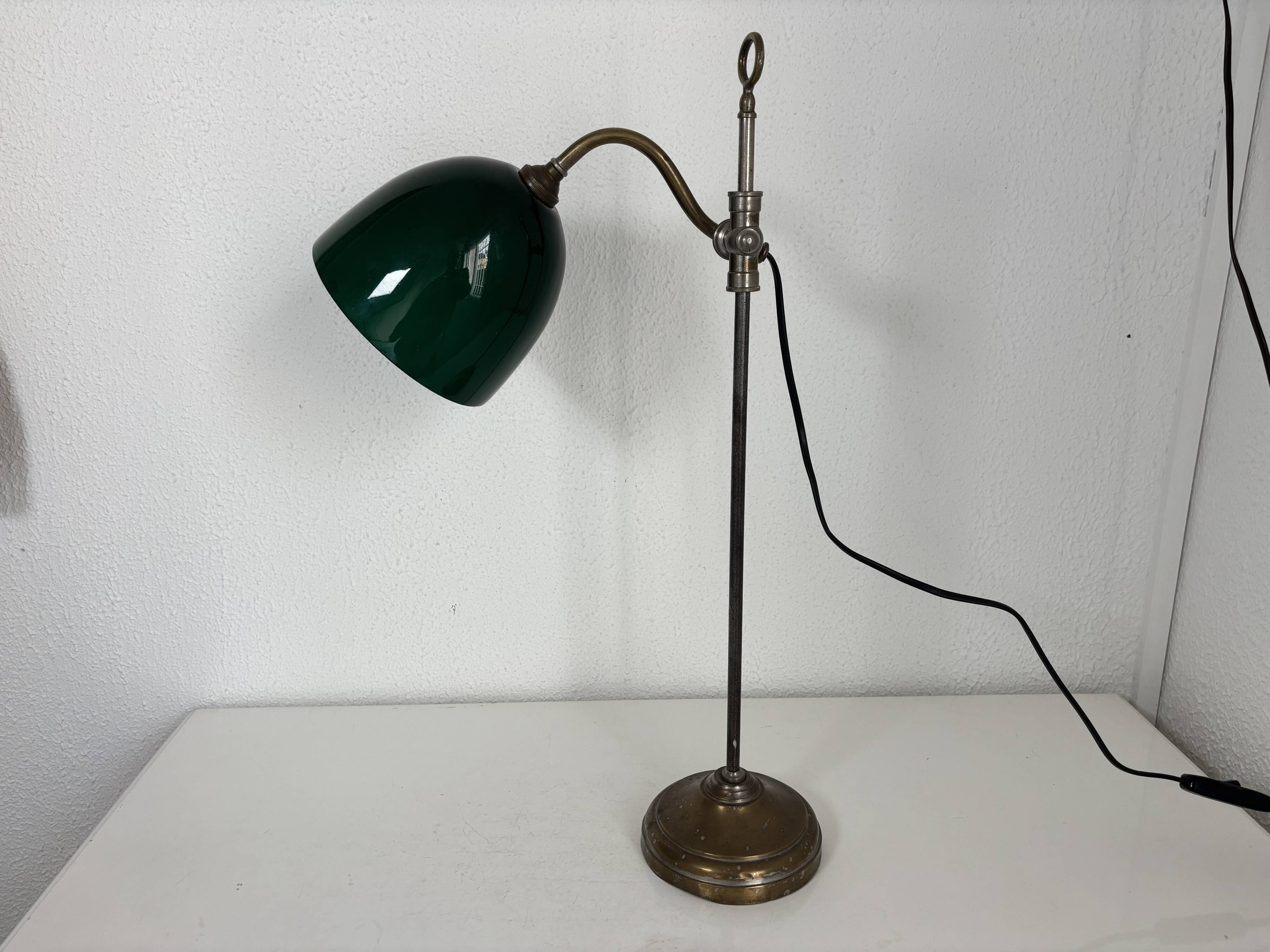 Vintage 1920s desk lamp in nickel-plated brass, celadon - 52 cm