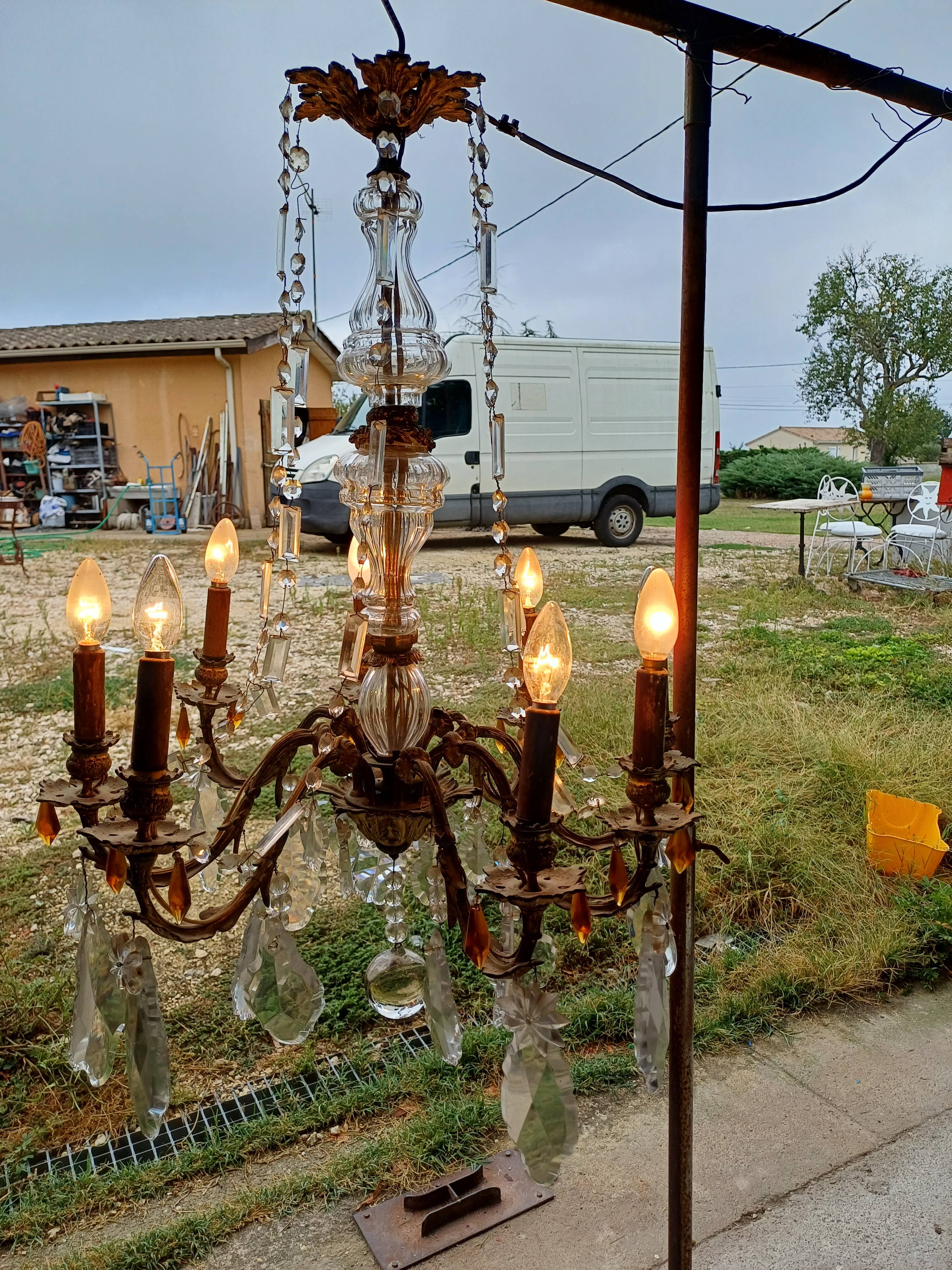 19th Bronze and Crystal Chandelier
