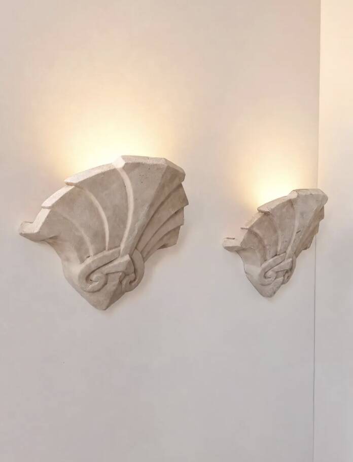 Pair of vintage geometric wall sconces in plaster, France, 1960.