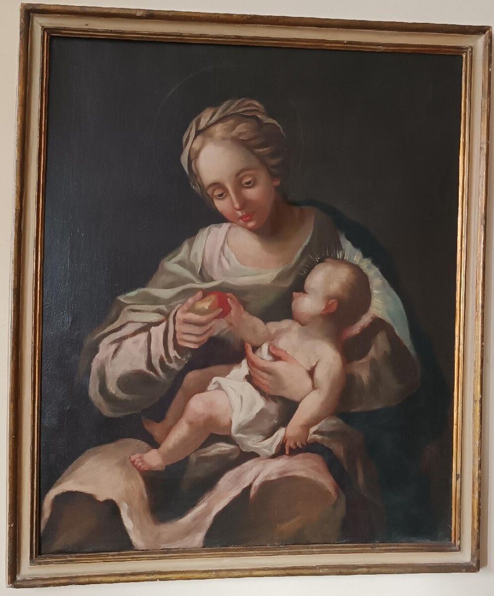 Peinture à l'huile ancienne sur toile, Vierge à l'Enfant, XVIIIe siècle