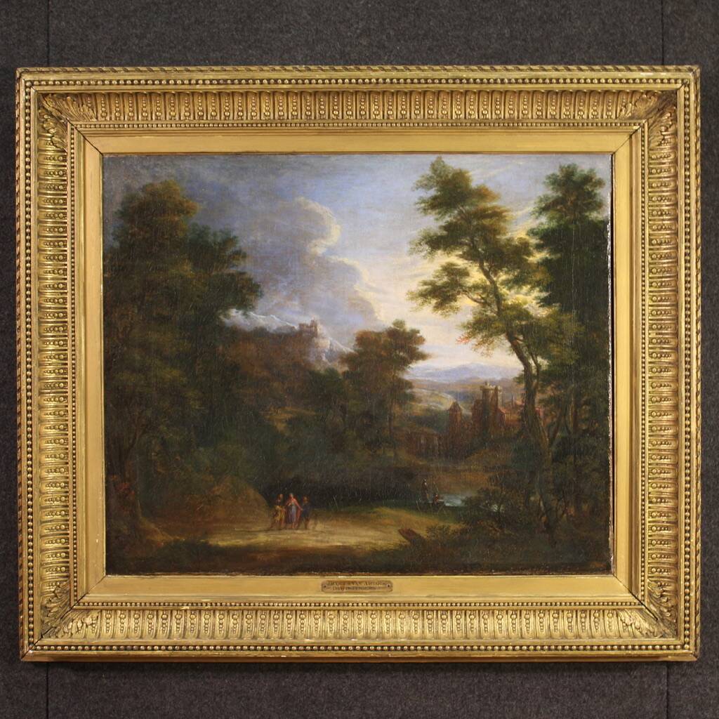 Flemish painting landscape with figures from the 17th century, the apparition of Jesus