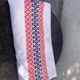 Rectangular tablecloth, Basque linen, original, pink and indigo blue frieze pattern on white cotton