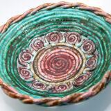 Plat XL vintage en barbotine ajourée aux spirales bleu vert et vieux rose