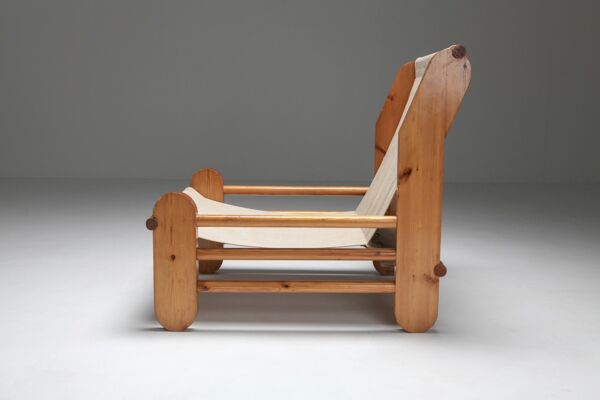 fauteuil en pin avec assise en toile - 1970