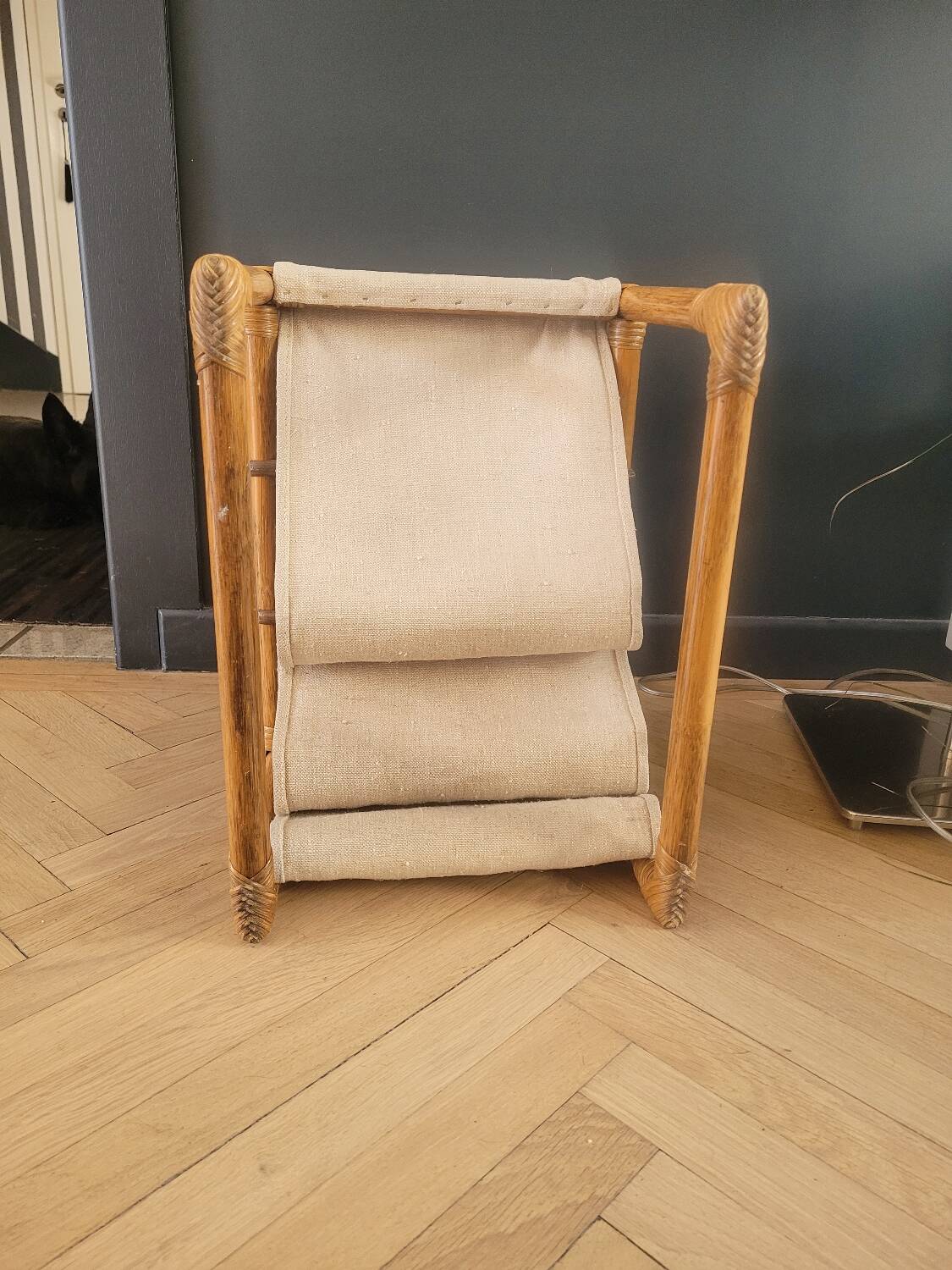 Vintage magazine rack made of bamboo, rattan and canvas