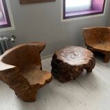 Living room with 3 armchairs and a coffee table in solid elm