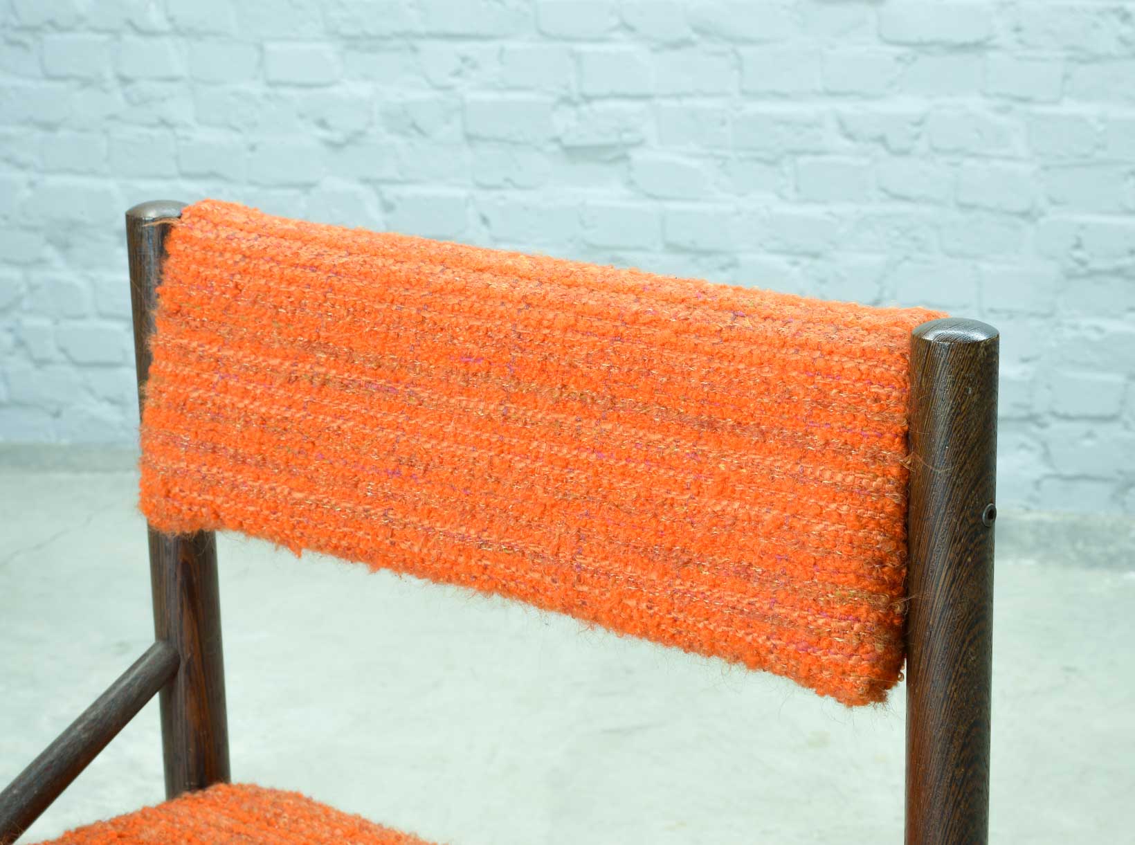 4 Wengé Wooden Dining Chairs with Orange Bouclé Fabric Upholstery 1960s