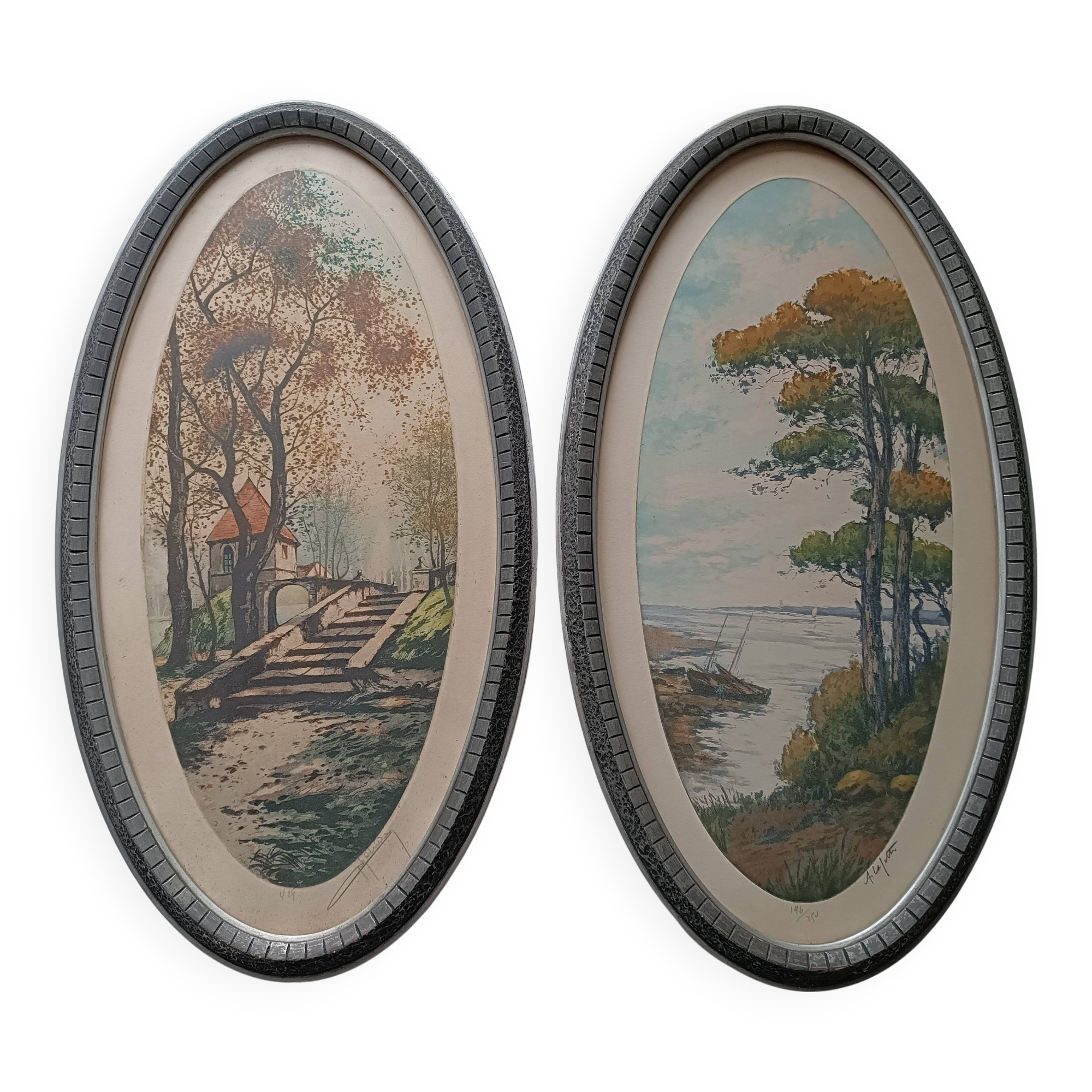 Pair of color lithographed landscape paintings