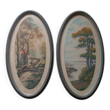 Pair of color lithographed landscape paintings