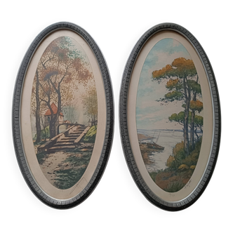 Paire de tableaux lithographies paysages en couleurs