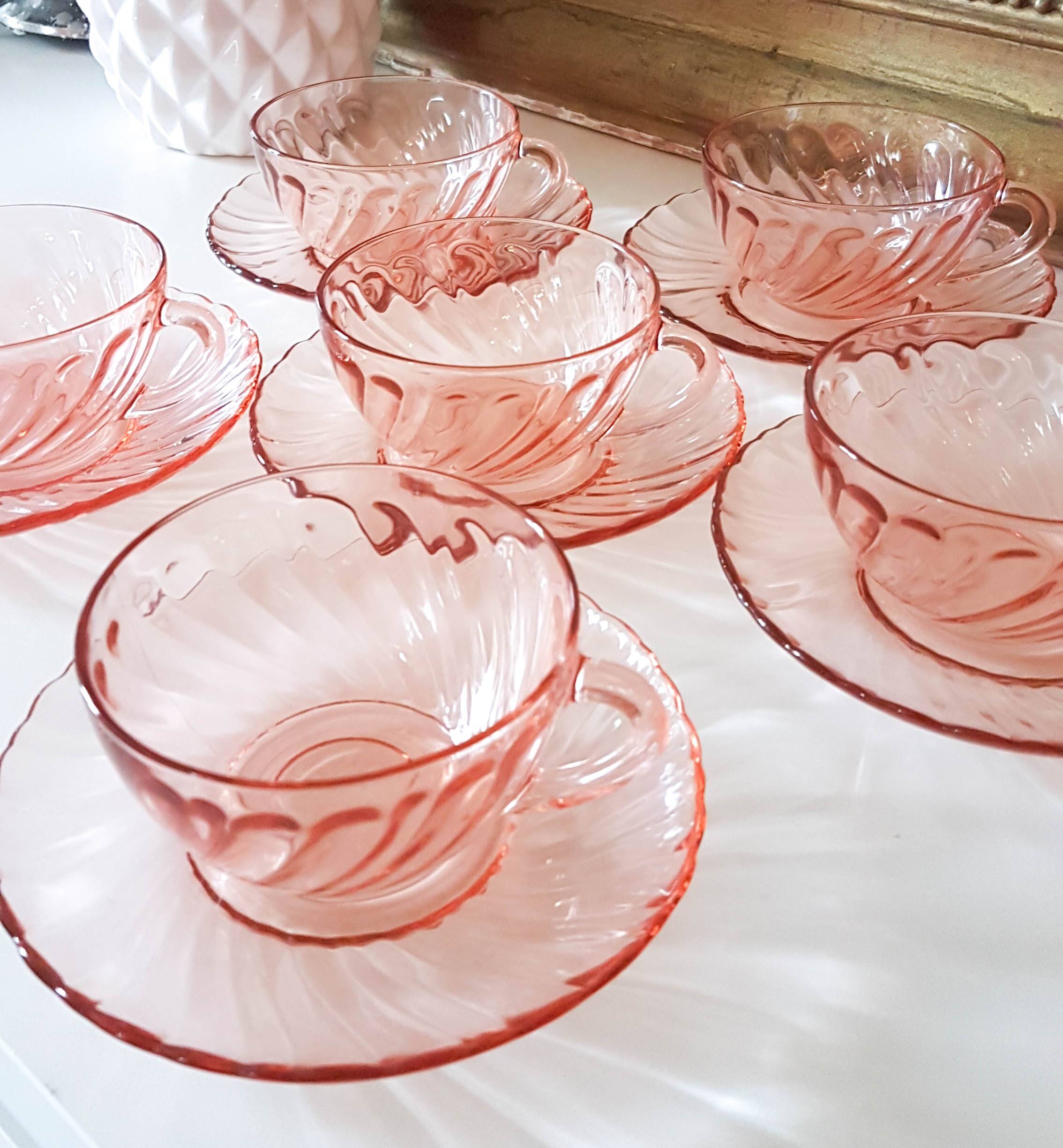 6 Rosaline LUMINARC pink glass tea cups and saucers made in France