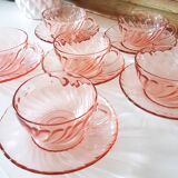 6 Rosaline LUMINARC pink glass tea cups and saucers made in France