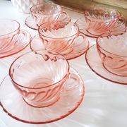 6 Rosaline LUMINARC pink glass tea cups and saucers made in France